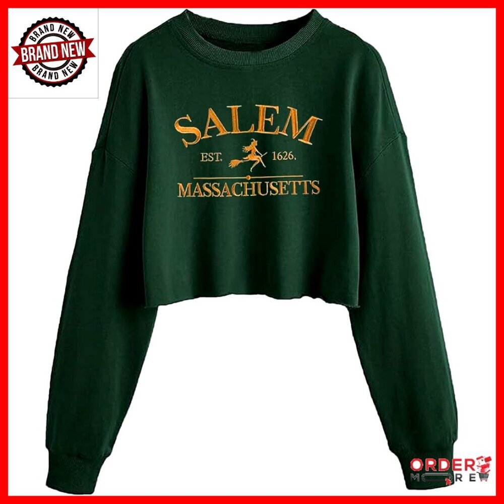 Witch Crop Sweatshirt Halloween Graphic Lantern Long Sleeve Pullover - Picture 1 of 3